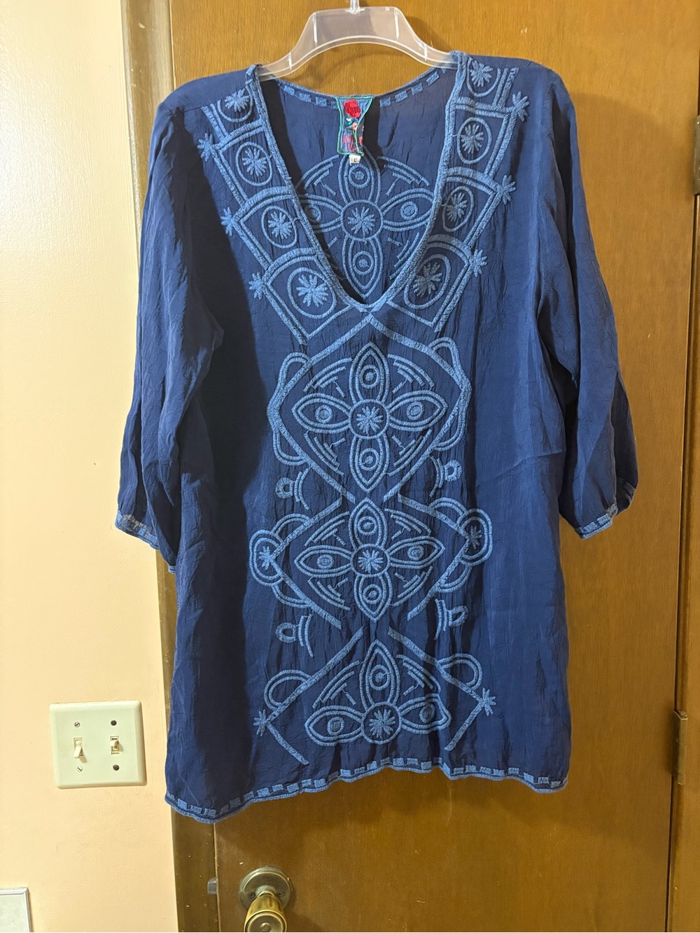 Johnny Was blue embroidered tunic blouse